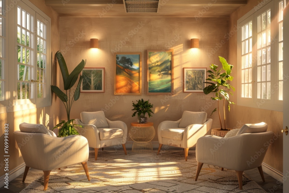 Fototapeta premium A cozy reading corner with armchairs and a bookshelf, conducive to relaxation and intellectual activity, psychotherapy group. Concept: home interior, comfort, reading, psychologist, coach, training
