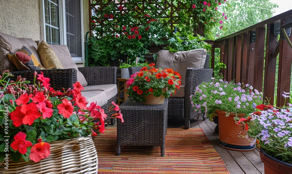 Naklejka premium A balcony with flower pots and green plants, coffee table and chairs
