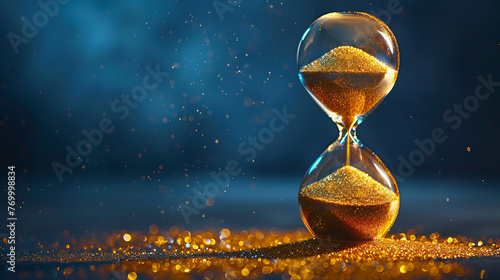 A classic hourglass with golden sand slowly trickling down, levitating at an angle against a deep blue background Studio lighting focuses on the sand and the glass, emphasizing the