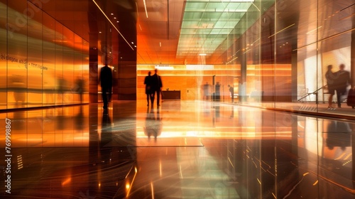 Busy Corporate Hallway with Blurred Motion - Urban Rush: Dynamic View of Commuters Engaged in Fast-paced Urban Lifestyle, Reflecting the Energetic Pulse of Modern Business Environment