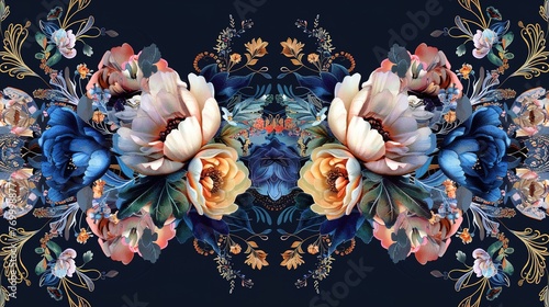 beautiful digital textile design composition with baroque ornament element ethnic motif digital border neckline design paisley natural flower bunch botanical flowrs  ,Generative ai photo