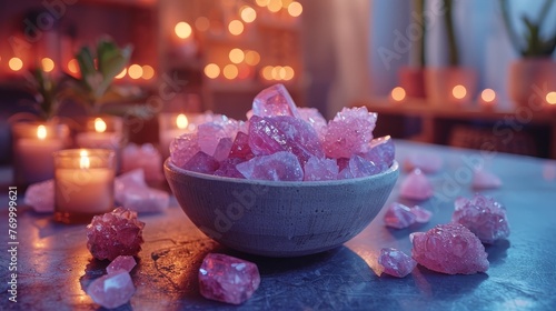   A bowl full of pink crystals sits atop a table  beside a glowing candle and a flourishing potted plant