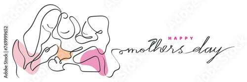 Hand drawn line art vector of Mothers day. Art shows one grandma mother and little daughter. Celebrate motherhood and its beauty. Three generations together.