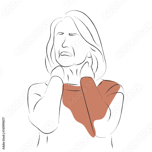 Hand drawn line art vector of elderly woman rubbing her muscles to relieve muscular pain. Old age chronic pain and fatigue. Elderly health awareness.