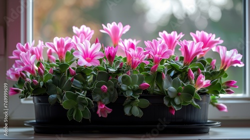 A Thanksgiving cactus (Schlumbergera truncata) or crab cactus plant on a window sill blooms in winter