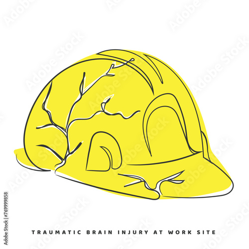 Hand drawn line art vector of Cracked helmet. Concept of Traumatic Brain Injury at work site. TBI Awareness.