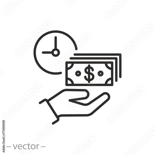 get a loan icon, stack of money in hand, payment or repayment of debt, time is money, thin line web symbol - vector illustration