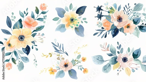 Watercolor bouquet of flowers collection. Gentle roses  peonies  anemone flowers  isolated.  Generative ai  