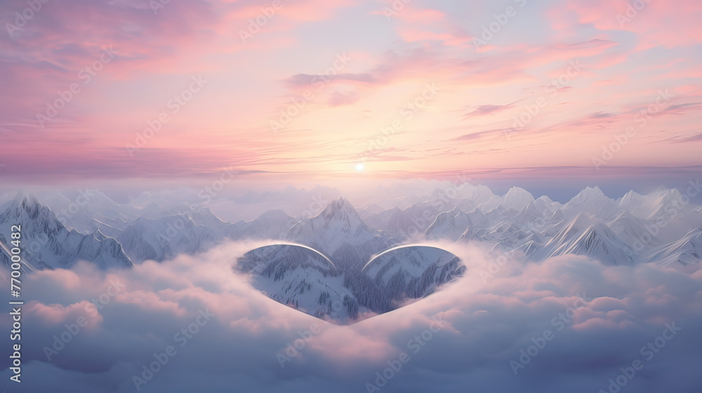 A Valentine's Day escapade to the mountains, with clouds forming a heart-shaped halo over the peaks at dusk - obrazy, fototapety, plakaty 