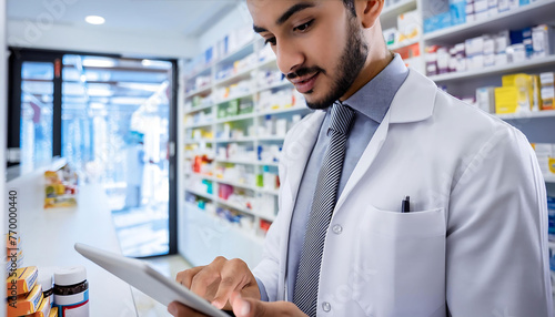 pharmacist uses a digital tablet computer, checks availability