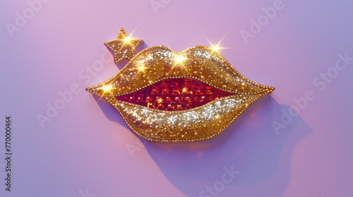  Gold lip with crown on purple surface against purple background