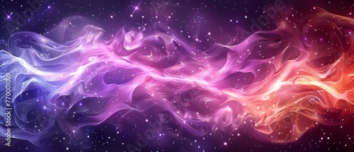  An abstract image with a bright color scheme depicts swirling patterns over a dark background, suggesting an ethereal celestial setting