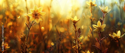   A close-up of several blooms in a meadow under a tree canopy, illuminated by sunlight © Jevjenijs