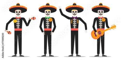 funny skeletons playing guitar, maracas, dancing. vector illustration. Mexican day of the Dead holiday.
