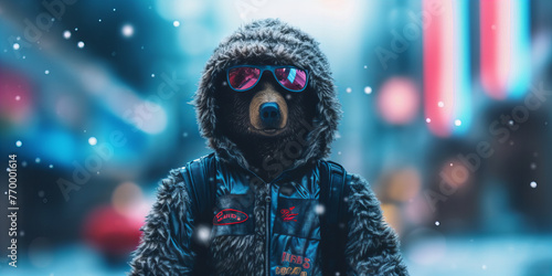 Stylish Winter Bear in Sunglasses Enjoying Snowfall City Vibes Banner © Алинка Пад