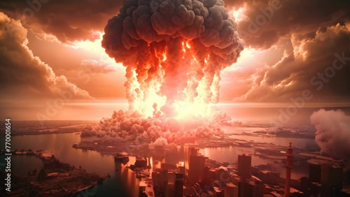 A massive explosion erupts in a bustling city center, causing widespread destruction and chaos, Huge nuclear bomb explosion, end of the world, doomsday in a post-apocalyptic scenario, AI Generated photo