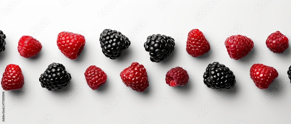 Ripe raspberries of various colors, arranged neatly against a stark white backdrop Ripe raspberries of various colors, arranged neatly against a stark white backdrop