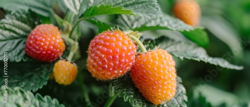  A raspberry bush with leaves in the foreground and a yellow berry in the background