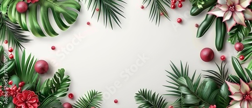  A Christmas background featuring palm leaves, poinsettias, and red balls against a white backdrop, providing space for text