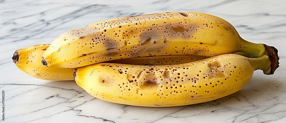 A couple of ripe bananas sit on the white marble countertop, next to each other A couple of ripe bananas sit on the white marble countertop, next to each other