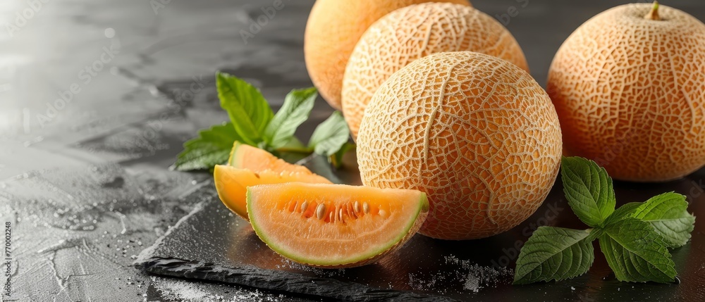   A table with a stack of cantaloupes and a slice - obrazy, fototapety, plakaty 