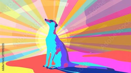  A dog standing on its hind legs in a colorful setting with a sunburst in the background