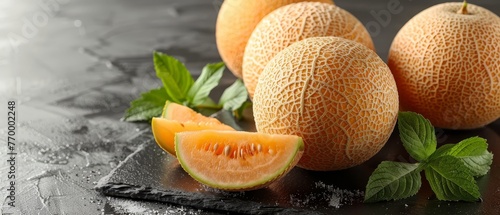   A table with a stack of cantaloupes and a slice