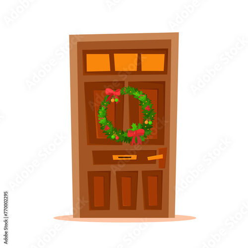 Vector flat illustration of decorated door with Christmas wreath. Cartoon home entrance with decorative balls on white background. Cute hand drawn advent image for winter greeting card or advertising
