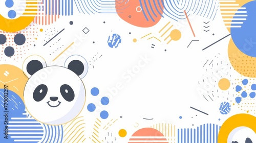   A panda bear sits on top of a table with balls and white paper in the center of the frame