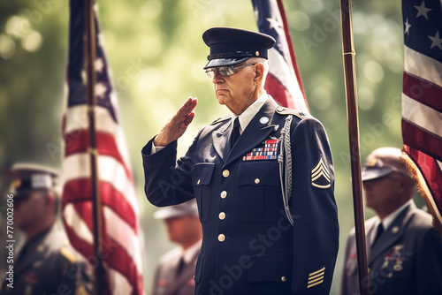 On Memorial Day, a US army veteran salutes with American flag AI Generation