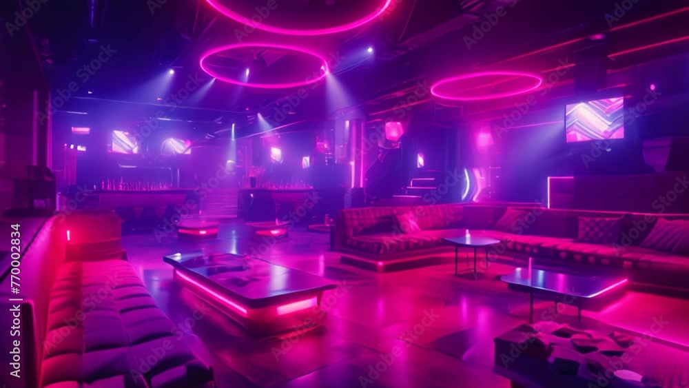 Dimly Lit Room With Couches and Tables, Relaxing Space, Interior of a night club with bright lights and stylish couches, The night club is decorated with colorful cocktail tables, AI Generated Dimly Lit Room With Couches and Tables, Relaxing Space, Interior of a night club with bright lights and stylish couches, The night club is decorated with colorful cocktail tables, AI Generated