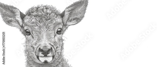  A goat's face is captured in a detailed, close-up portrait against a clean white backdrop The image is enhanced by an intricate black and white line drawing that adds depth © Jevjenijs