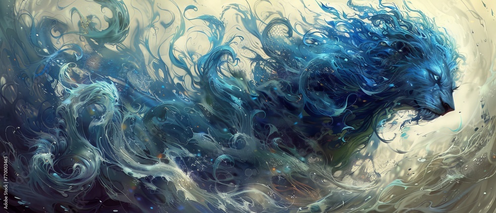A painting featuring a blue and white creature against a blue and white backdrop with water cascading onto its face A painting featuring a blue and white creature against a blue and white backdrop with water cascading onto its face