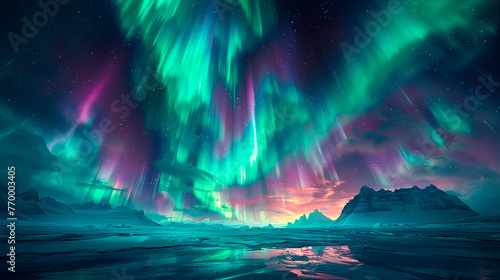 Vibrant green and purple aurora borealis illuminating the night sky