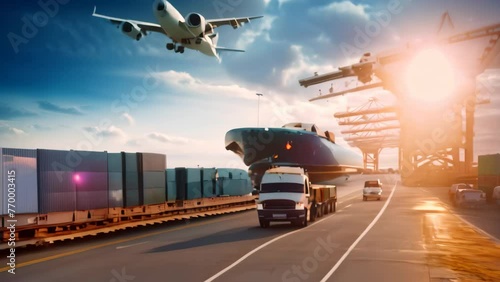 Cargo Truck Passes Large Cargo Ship, Transportation and Shipping at Port, Logistics and transportation of goods by ship, airplane, truck, and container are showcased, AI Generated photo