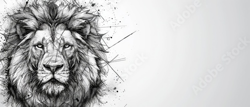   A monochrome illustration of a lion's head featuring a vibrant patch of color on its visage photo
