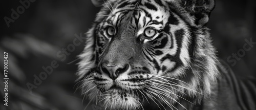  A monochrome image of a tiger facing the camera with a grave expression
