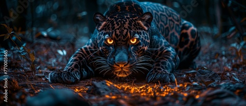   A close-up of a leopard lying on the ground in the dimly lit forest, with its eyes brightened by the flickering light of a candle
