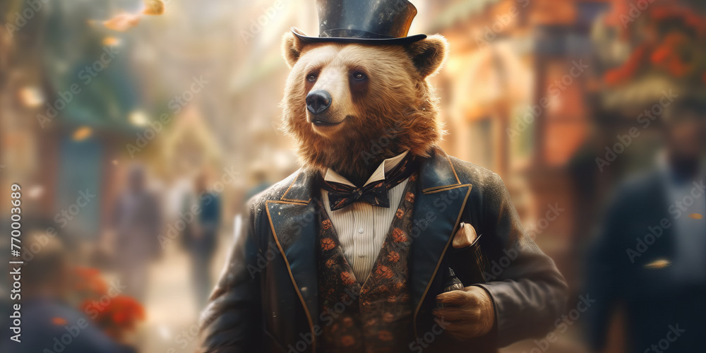 Elegant Anthropomorphic Bear Strolls Through a Victorian Fall Festival Banner