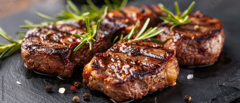   A close-up shot of a juicy steak on a plate, adorned with a fragrant sprig of rosemary