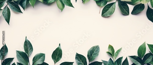  Green leaves on a white background provide a space for text or images on a card