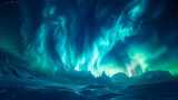 The green and blue aurora lights gracefully dance across the night sky.