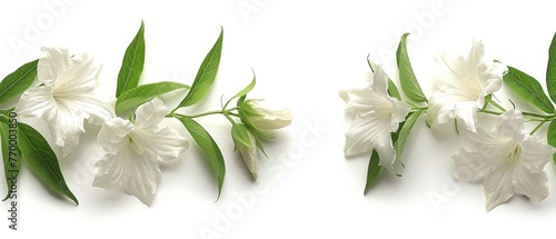   A pair of white blooms rest atop a white table  adjacent to a lush green foliage plant