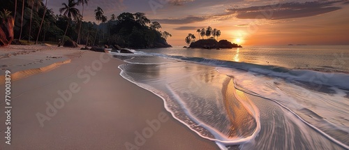  A sunset on a tropical beach with waves lapping on the sand and palm trees swaying on the other side