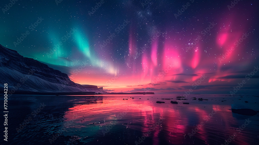 Aurora borealis reflecting in water