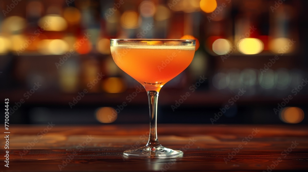 A close-up of a drink on a table with a blurry bar in the background A close-up of a drink on a table with a blurry bar in the background