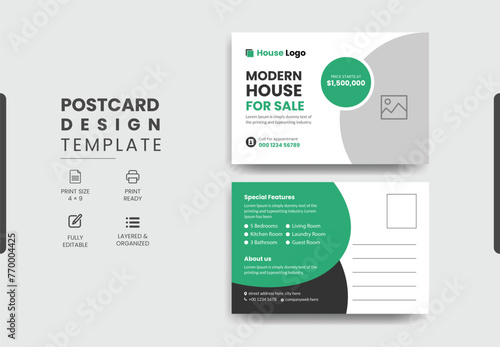 Real Estate Postcard Design Vector Template With Creative Modern Layout, Modern & Elegant Postcard Template Design Home For Sale.