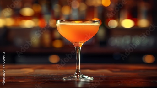  A close-up of a drink on a table with a blurry bar in the background