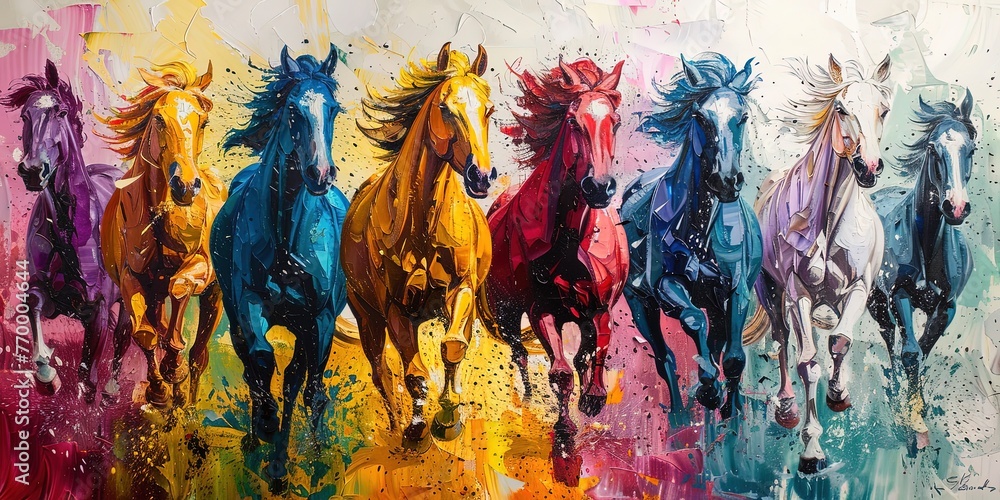 a painting depicting a group of colorful running horses