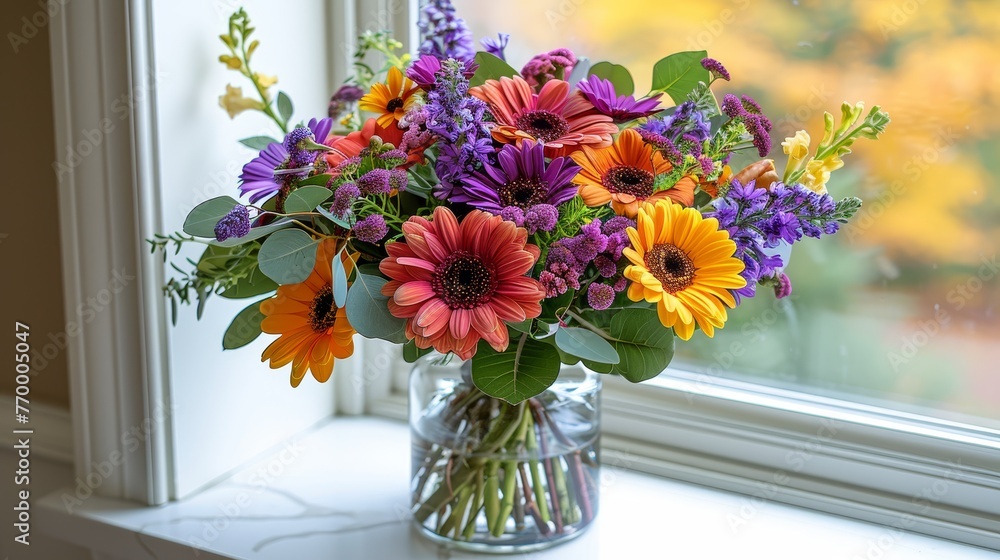 A vibrant vase overflowing with multicolored blossoms perched atop a sunlit windowsill adjacent to another A vibrant vase overflowing with multicolored blossoms perched atop a sunlit windowsill adjacent to another